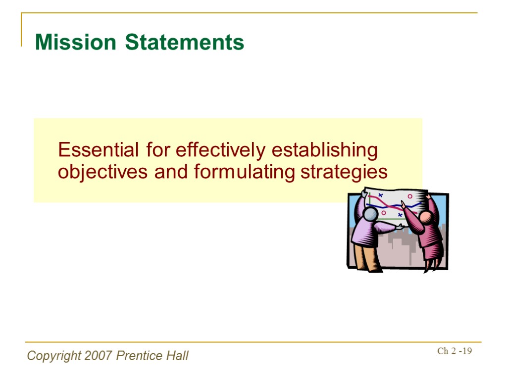 Copyright 2007 Prentice Hall Ch 2 -19 Essential for effectively establishing objectives and formulating